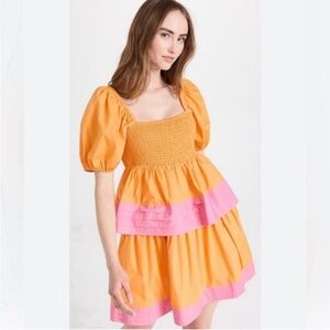 English Factory Dress M Clementine Punch Mini Puff Sleeve Smocked Tiered Preppy